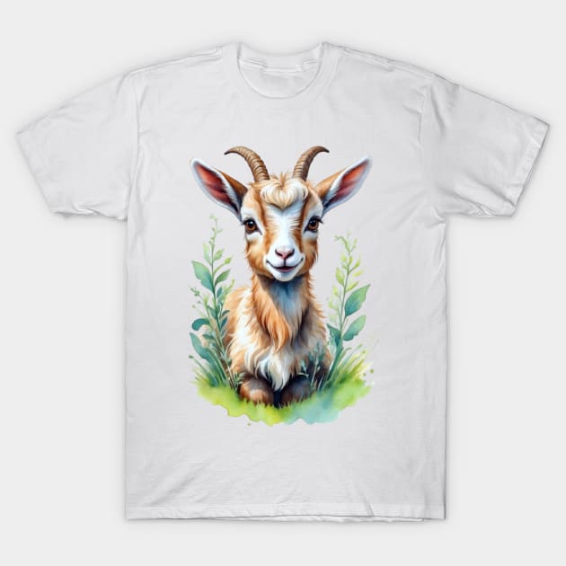 Pastoral Playmate: Watercolor Goat Portrait T-Shirt by Sirapop Design